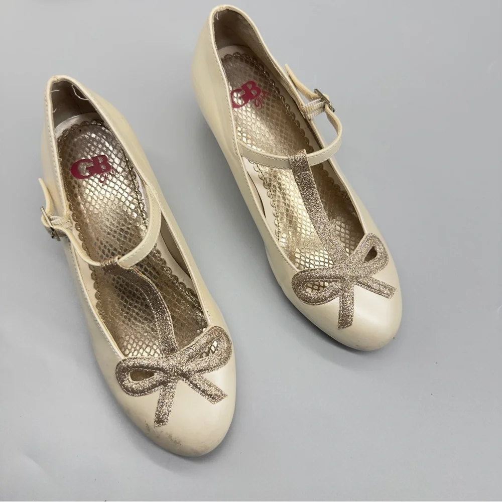 GB Girls Cream Mary Jane Heels Glitter Bow Dress Shoes Size 2M